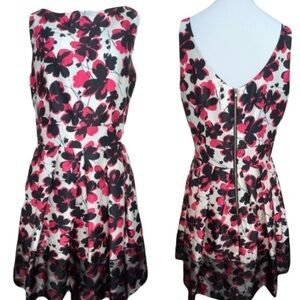 Taylor Shantung Fit & Flare Dress Boatneck Black Pink Floral 6